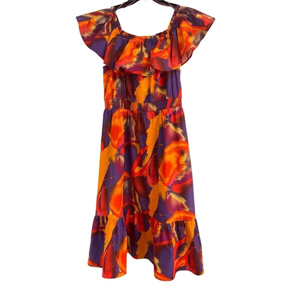 New NINE WEST Tropical Boho print Smocked Waist Off Shoulder Midi Dress Size XL - Picture 2 of 9